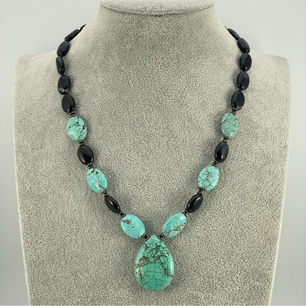 Onyx Turquoise Magnesite Beaded Pendant Necklace Boho Artisan Handmade Crafted